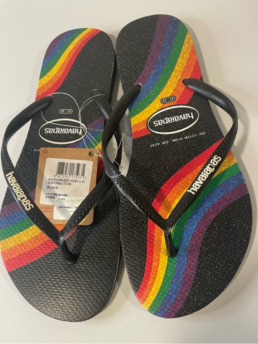 HAVAIANAS SLIM PRIDE FLIP FLOPS BLACK/RAINBOW 41-42 WOMENS 11/12 MENS 9/10 New